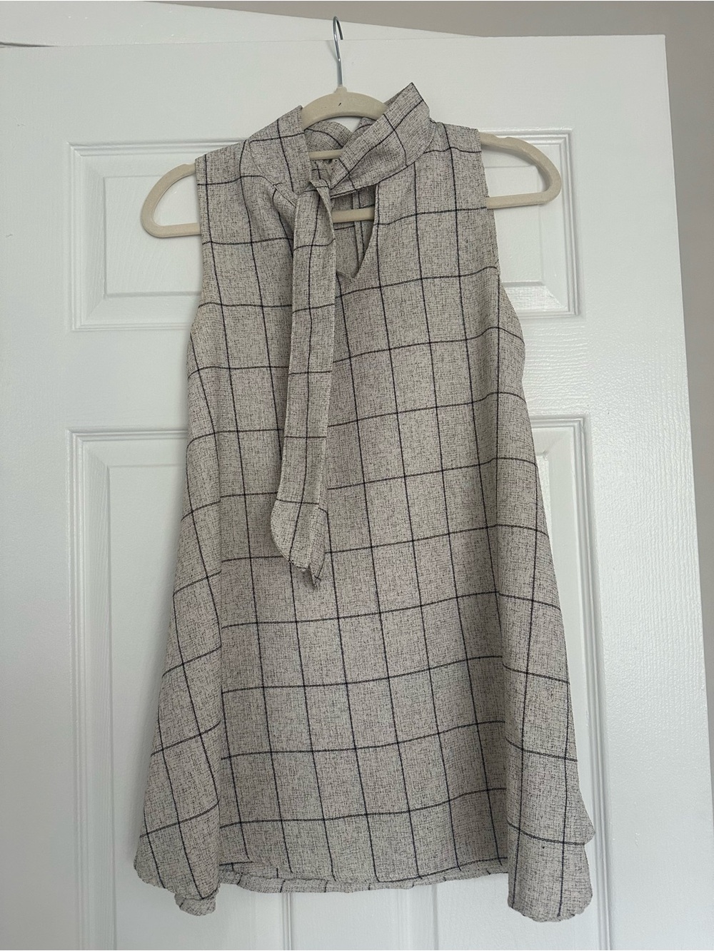 Sleeveless Tie-Neck Windowpane Dress - Cream